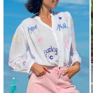 Berenice Chic White Button-Down Shirt with Colorful Embroidery FRANCE